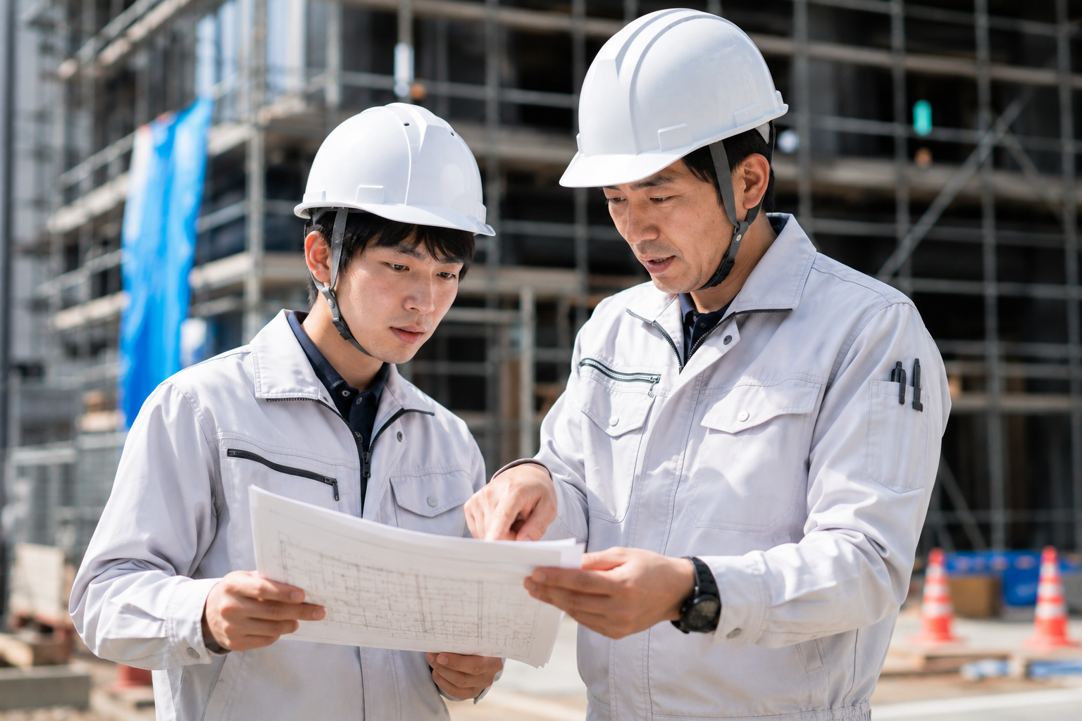 新人の施工管理者に先輩社員が図面を見せながら指導している様子