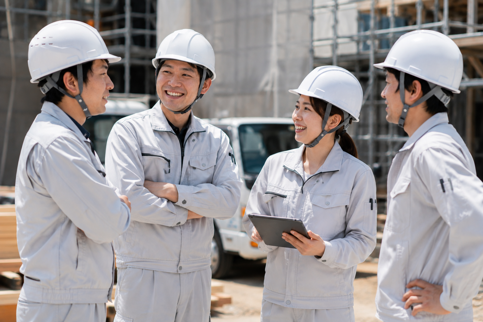 現場で笑顔で会話をする4名の建設会社の社員